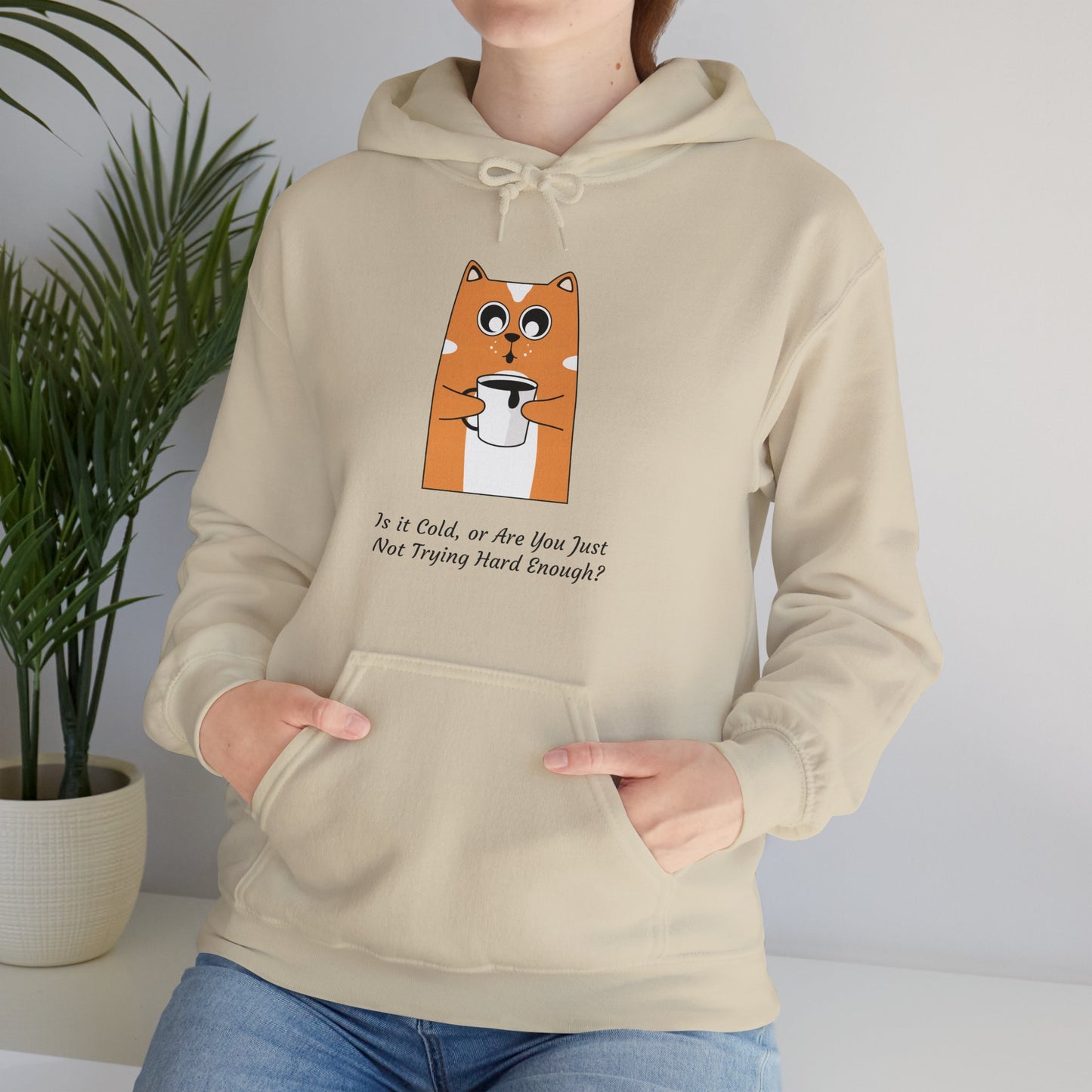 Funny Cat Coffee Quote Women’s Hoodie – “Is It Cold or Are You Just Not Trying Hard Enough?” Cozy Pullover