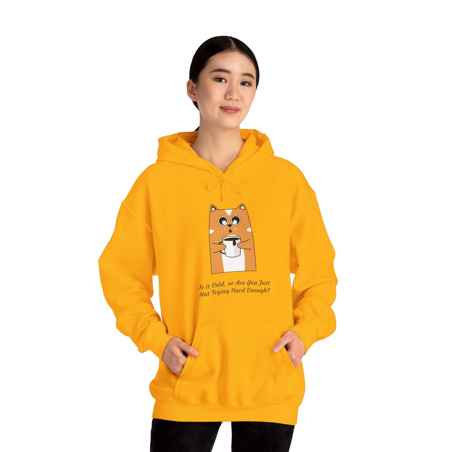 Funny Cat Coffee Quote Women’s Hoodie – “Is It Cold or Are You Just Not Trying Hard Enough?” Cozy Pullover