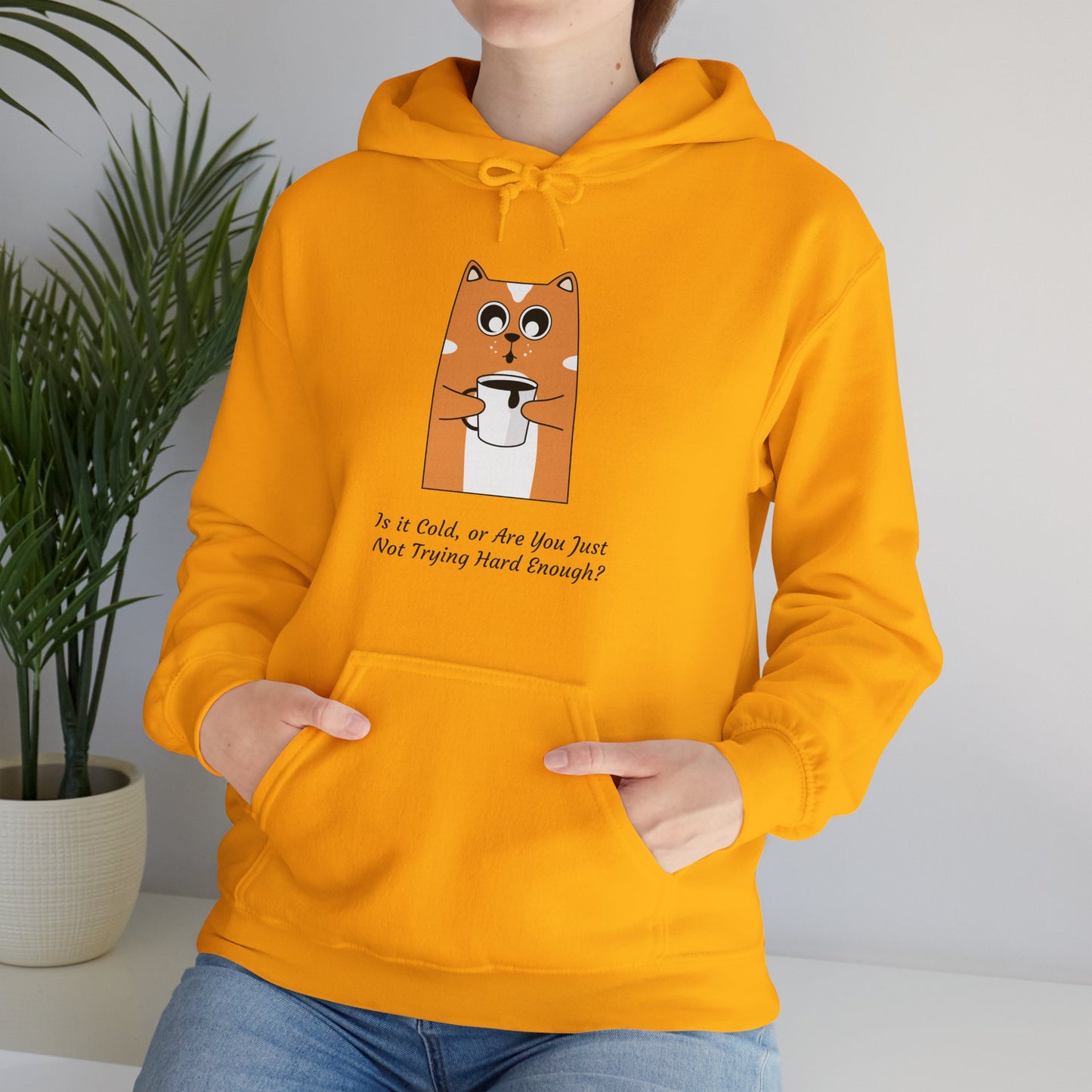 Funny Cat Coffee Quote Women’s Hoodie – “Is It Cold or Are You Just Not Trying Hard Enough?” Cozy Pullover