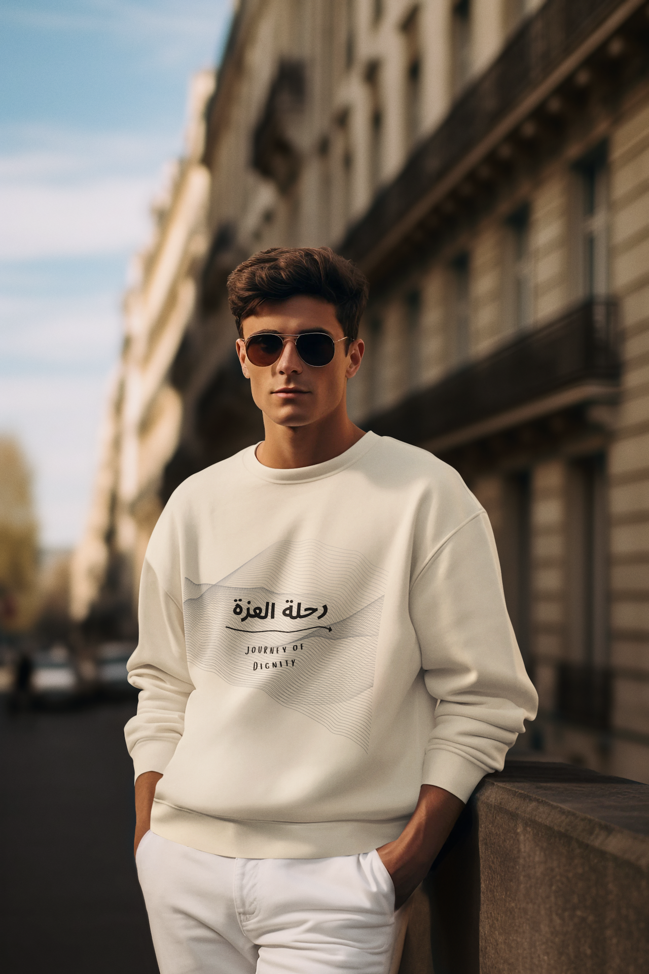 Journey of Dignity (رحلة العزة) Men’s Crew Neck Sweatshirt – Arabic Calligraphy Sweatshirt | Soft, Stylish & Meaningful Casual Wear