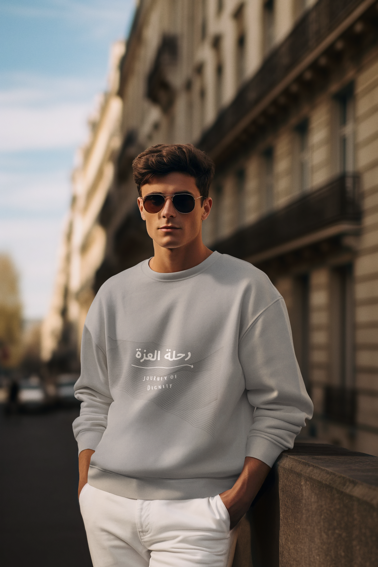 Journey of Dignity (رحلة العزة) Men’s Crew Neck Sweatshirt – Arabic Calligraphy Sweatshirt | Soft, Stylish & Meaningful Casual Wear