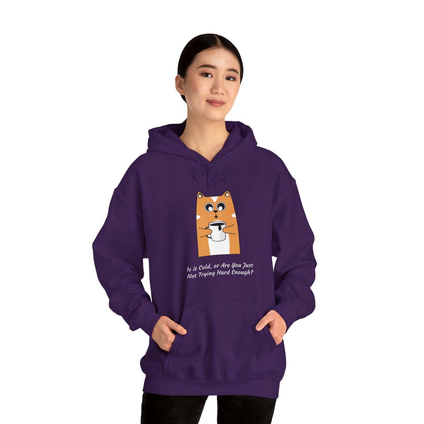 Funny Cat Coffee Quote Women’s Hoodie – “Is It Cold or Are You Just Not Trying Hard Enough?” Cozy Pullover