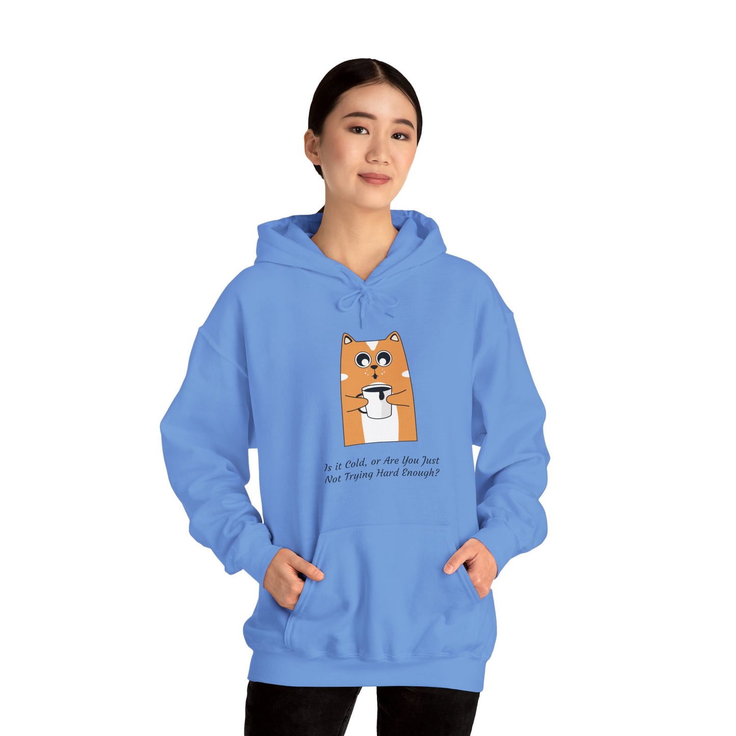Funny Cat Coffee Quote Women’s Hoodie – “Is It Cold or Are You Just Not Trying Hard Enough?” Cozy Pullover