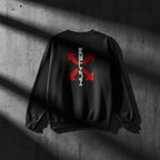 Dark gray sweatshirt with red and white logo on the back against a white background