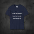 Navy blue t-shirt with white text on a white background
