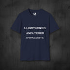 Navy blue t-shirt with white text on a white background
