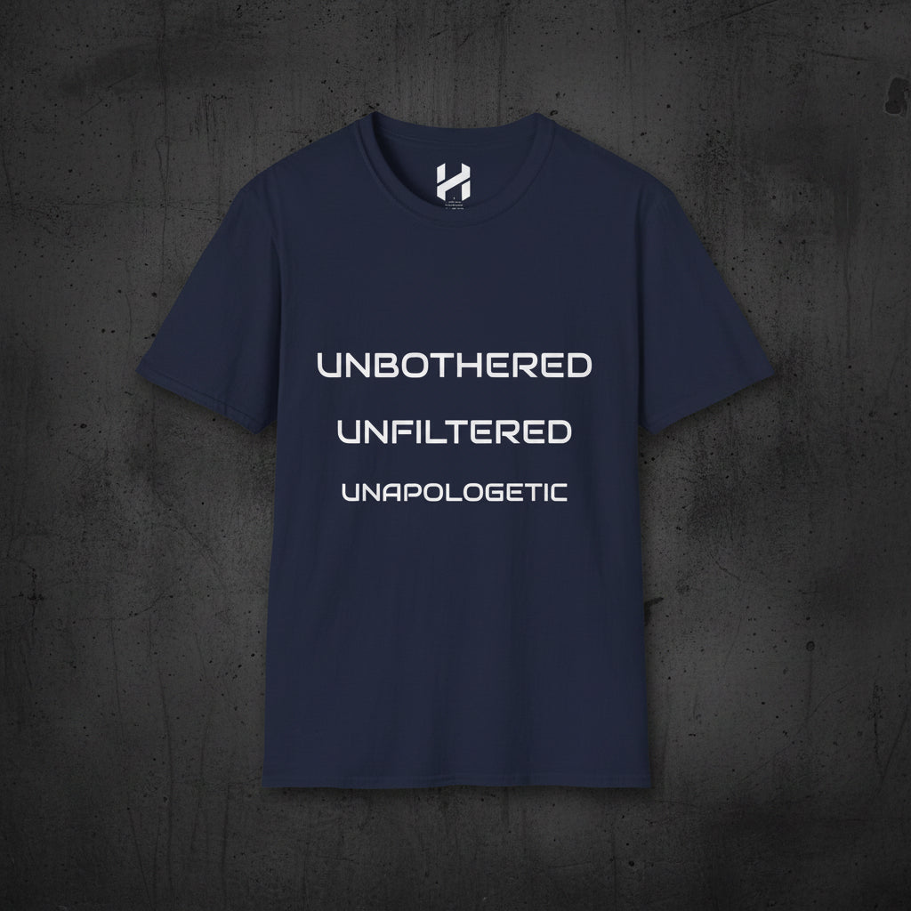 Navy blue t-shirt with white text on a white background