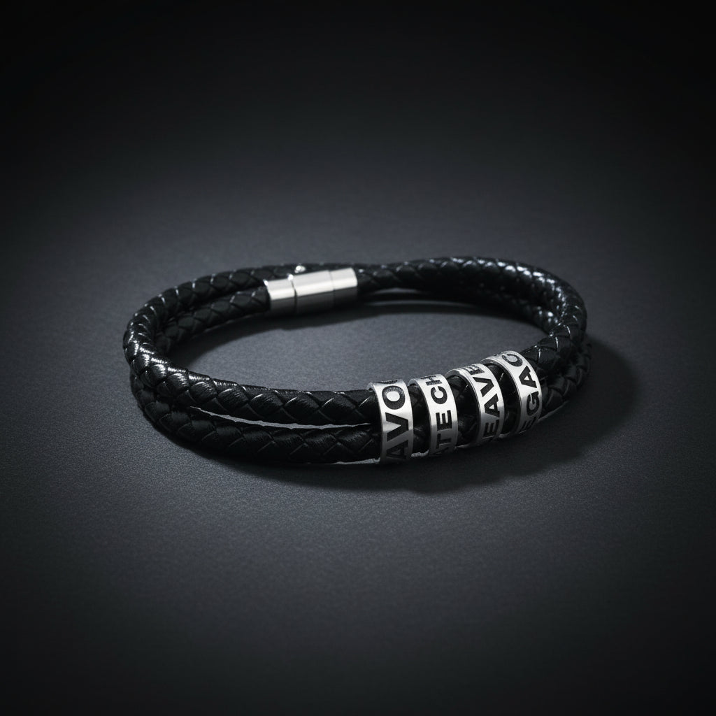 A black braided leather bracelet with silver-toned cylindrical beads featuring white lettering, displayed on a clean white background.