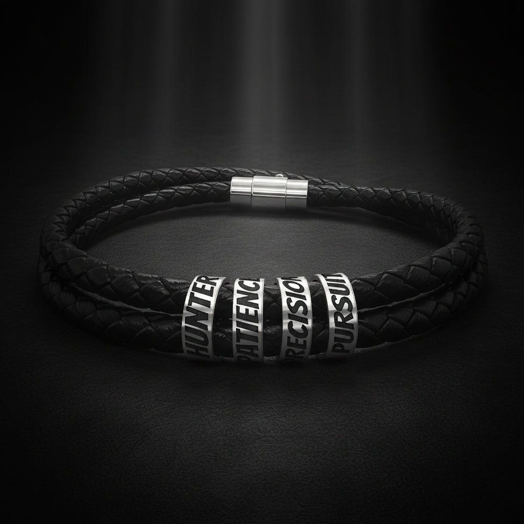 A black braided leather bracelet with silver-toned metal spacers engraved with words including HUNTER, MATHEMATICS, PRECISION, and PURSUIT.