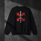 Black sweatshirt with red and white logo on the back against a white background