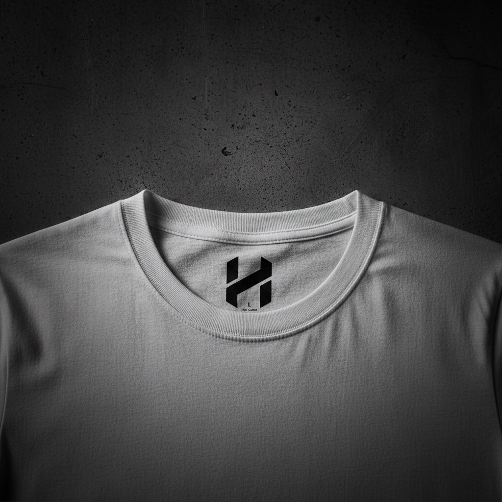 White t-shirt with a black logo on a white background