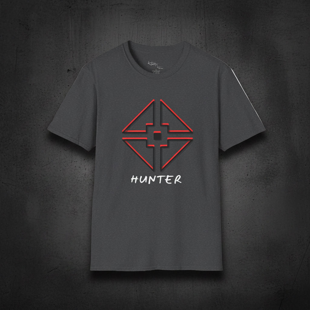 Gray t-shirt with a red and black graphic of a demon on a white background