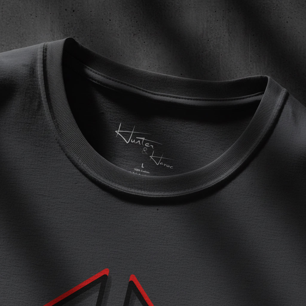 Close-up of a dark gray t-shirt with a red geometric design on a white background