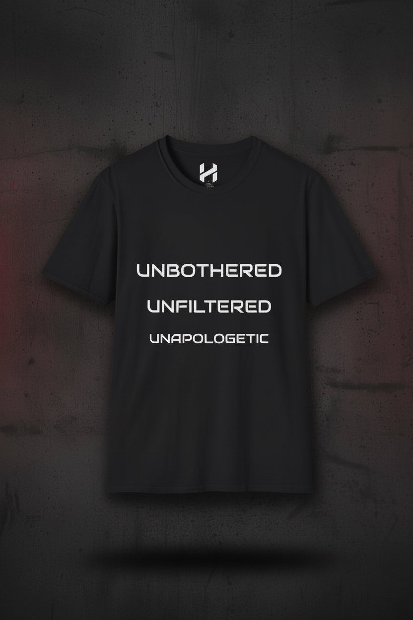 Black t-shirt with white text on a white background