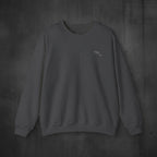 Dark gray sweatshirt with a small logo on a white background