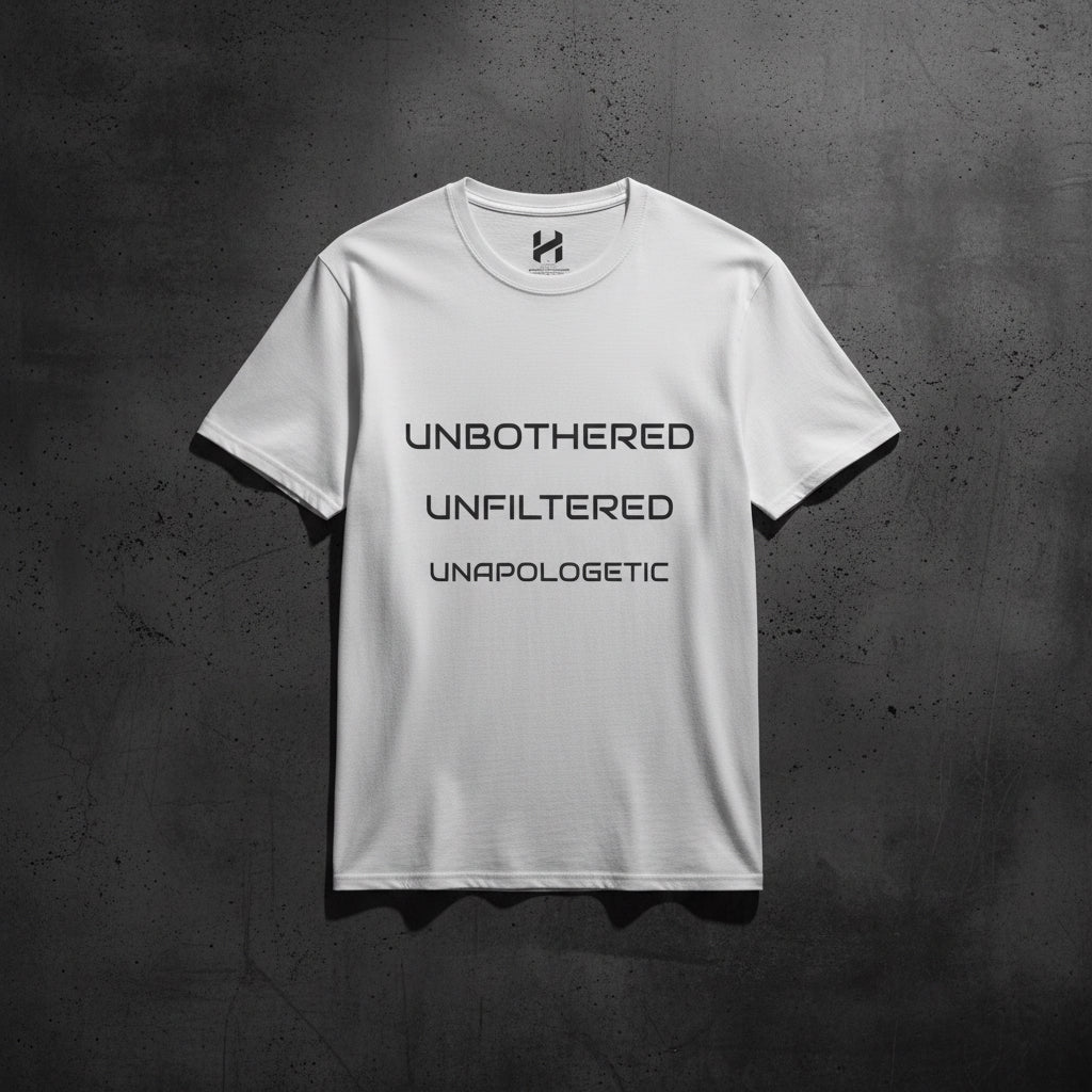 White t-shirt with black text on a white background