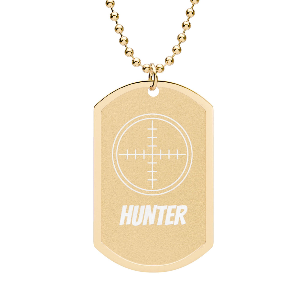 A gold dog tag necklace with a white crosshair target and the word 'HUNTER' printed on it, shown against a plain white background.