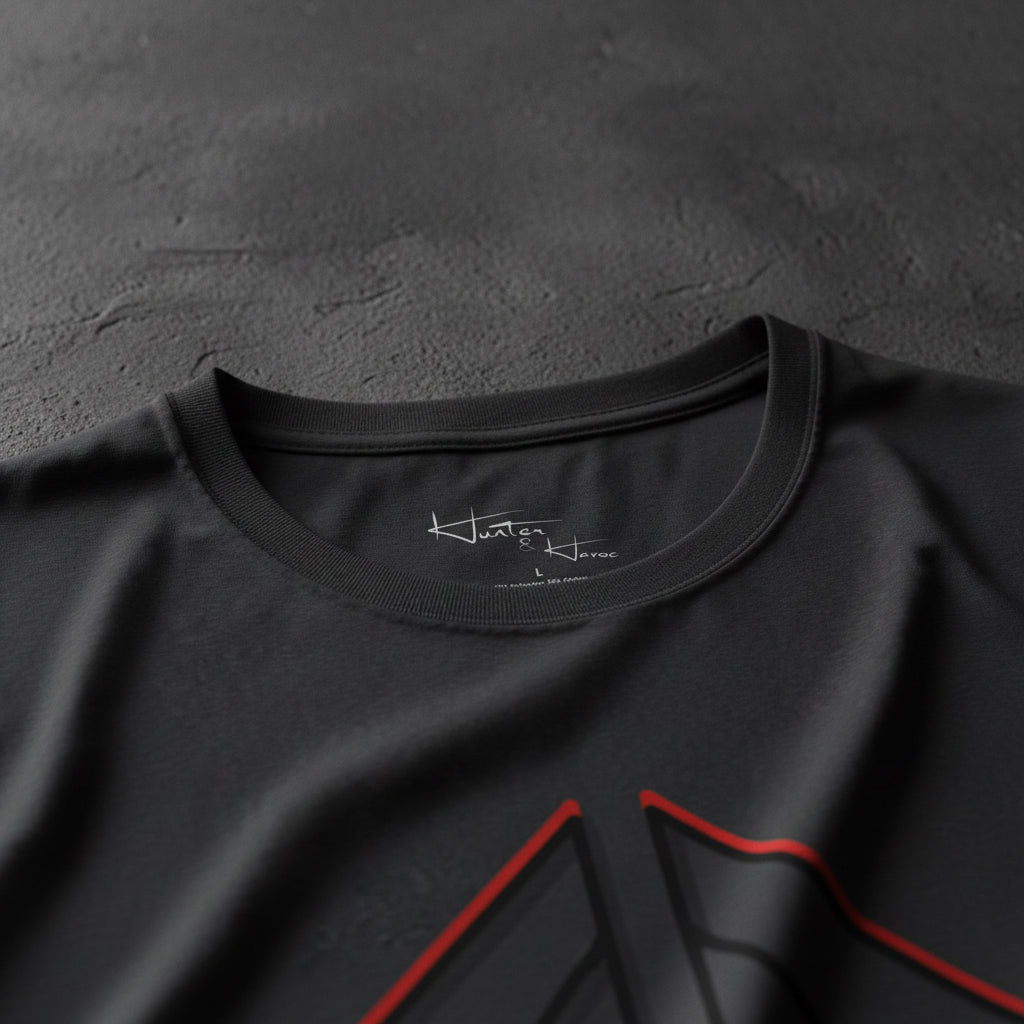 Close-up of a dark gray t-shirt with a red geometric design on a white background