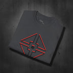 Folded black t-shirt with red geometric logo on a white background