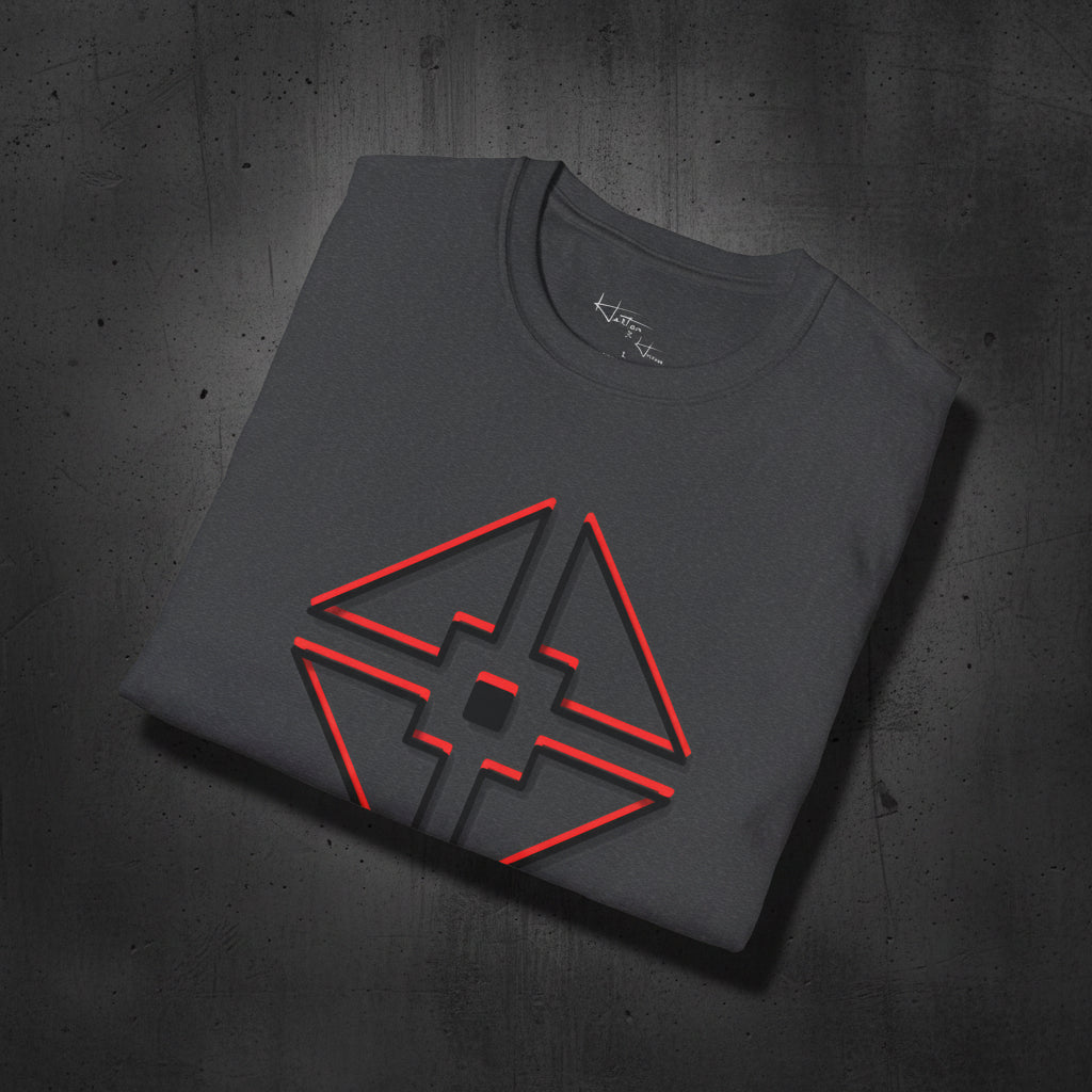 Folded black t-shirt with red geometric logo on a white background