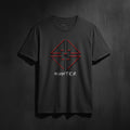 Dark gray t-shirt with text design on a white background