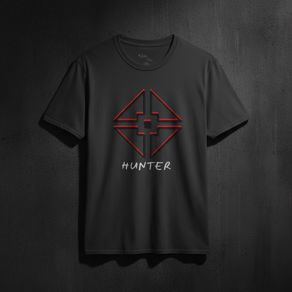 Dark gray t-shirt with text design on a white background