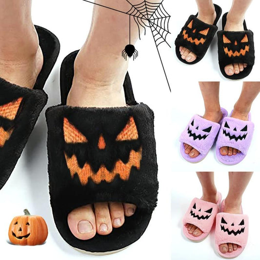 Pumpkin Plush Halloween Slippers – Cozy Open-Toe Slides