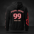 Close-up of the back of the Final Boss hoodie showing 'FINAL BOSS 99' text in bold font, popular for retro arcade game nostalgia.