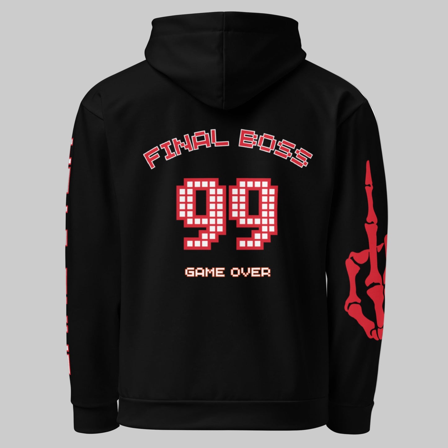Close-up of the back of the Final Boss hoodie showing 'FINAL BOSS 99' text in bold font, popular for retro arcade game nostalgia.