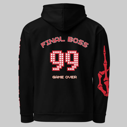 Close-up of the back of the Final Boss hoodie showing 'FINAL BOSS 99' text in bold font, popular for retro arcade game nostalgia.