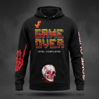 Gothic Streetwear detail: Close-up of the front pocket on the gamer hoodie featuring a striking red skull with blood print.