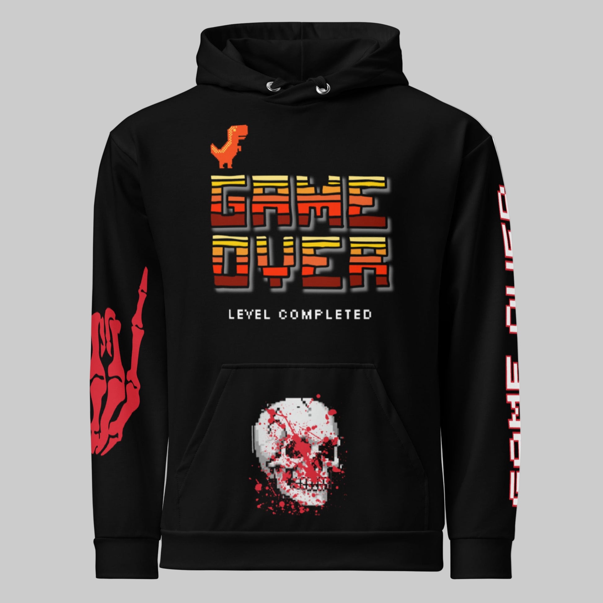 Gothic Streetwear detail: Close-up of the front pocket on the gamer hoodie featuring a striking red skull with blood print.