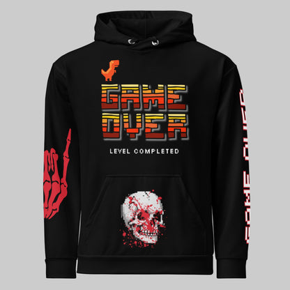 Gothic Streetwear detail: Close-up of the front pocket on the gamer hoodie featuring a striking red skull with blood print.