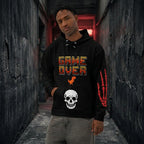Male model wearing the 'Final Boss' Pixel Art Hoodie in a relaxed, unisex fit. The Dark Gaming Streetwear pullover features the 'GAME OVER' pixel font on the chest and a bold arcade skull graphic.