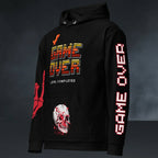 Gothic Streetwear detail: Close-up of the front pocket on the gamer hoodie featuring a striking red skull with blood print.
