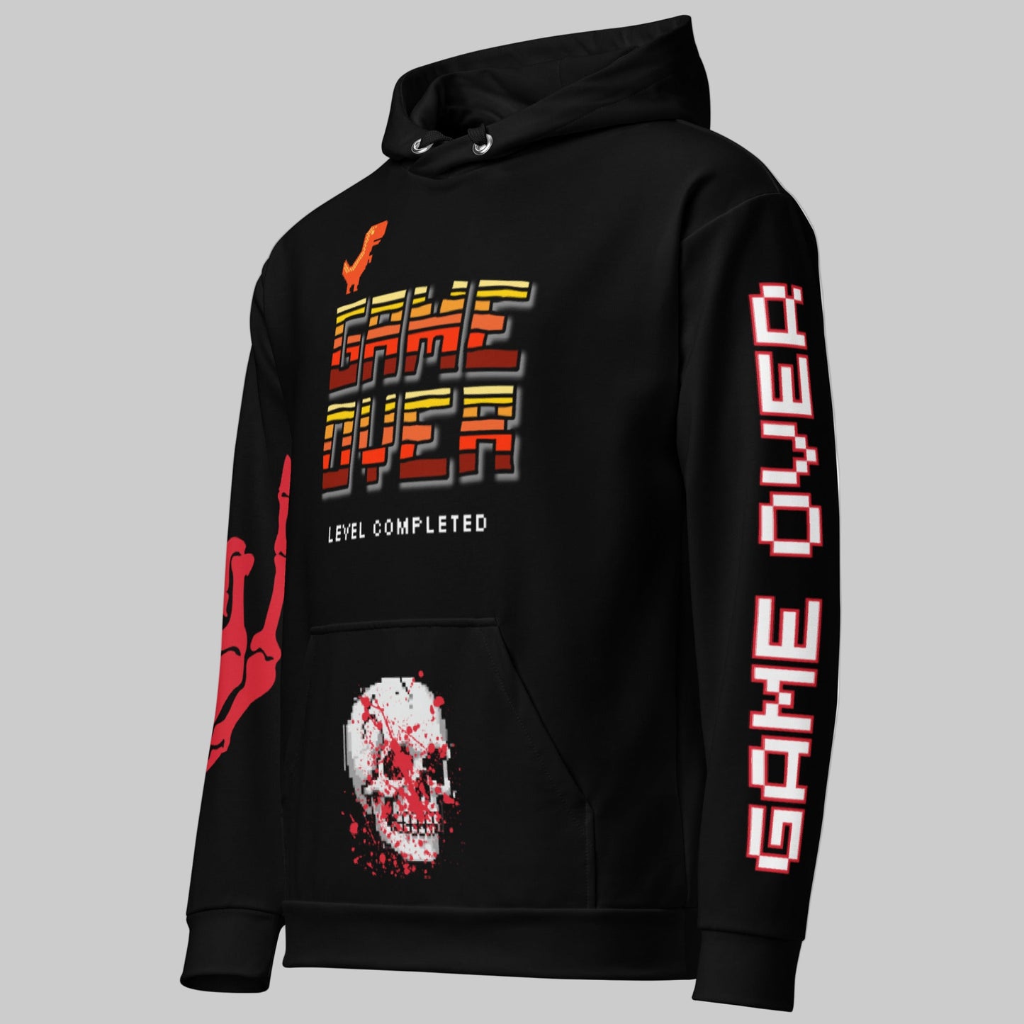 Gothic Streetwear detail: Close-up of the front pocket on the gamer hoodie featuring a striking red skull with blood print.