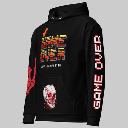 Gothic Streetwear detail: Close-up of the front pocket on the gamer hoodie featuring a striking red skull with blood print.