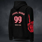 Close-up of the back of the Final Boss hoodie showing 'FINAL BOSS 99' text in bold font, popular for retro arcade game nostalgia.