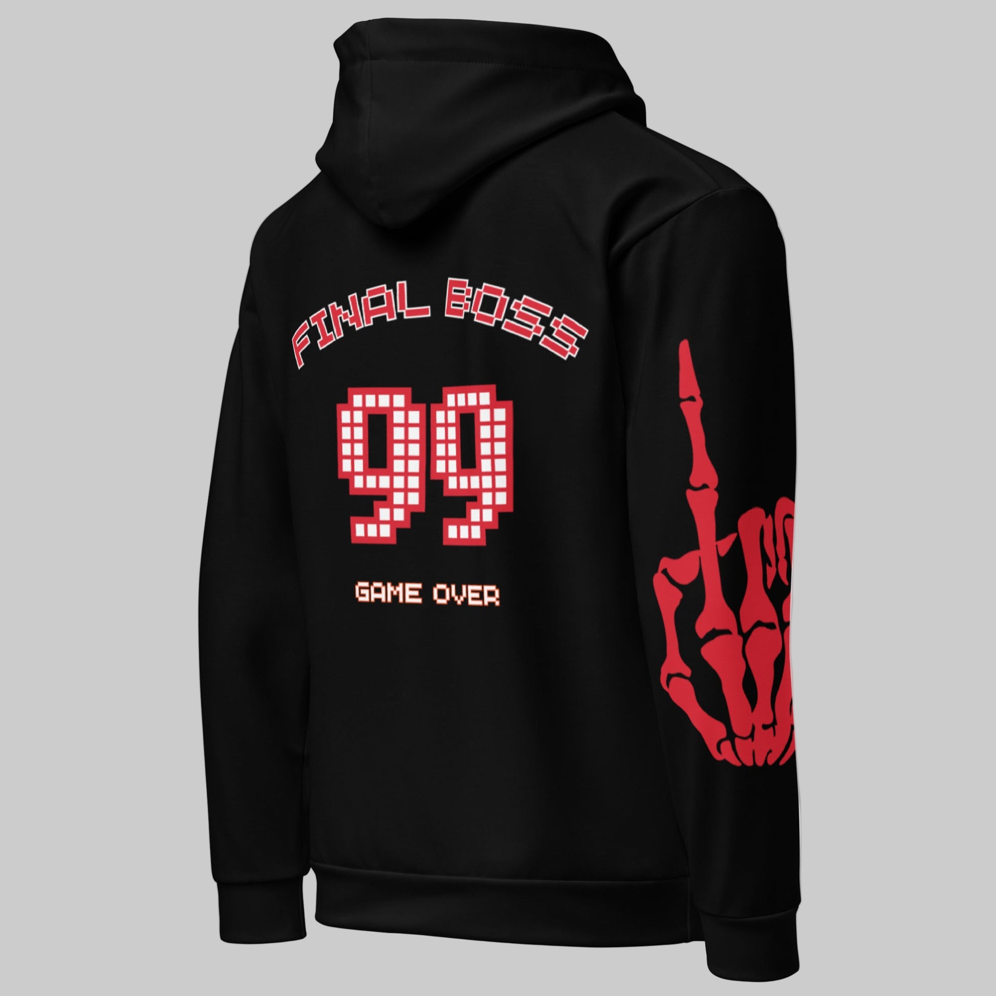 Close-up of the back of the Final Boss hoodie showing 'FINAL BOSS 99' text in bold font, popular for retro arcade game nostalgia.