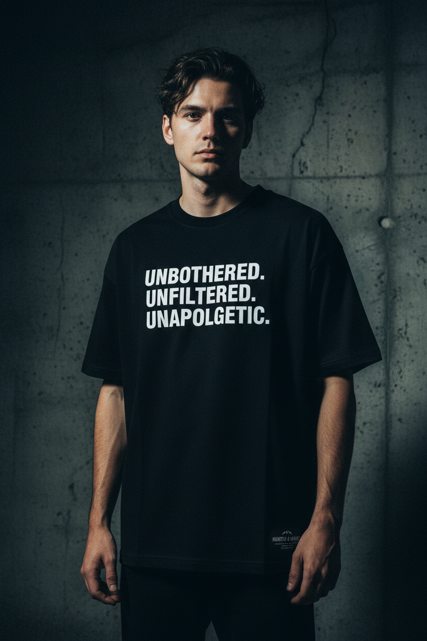 Unbothered Unfiltered Unapologetic graphic tee editorial streetwear shot