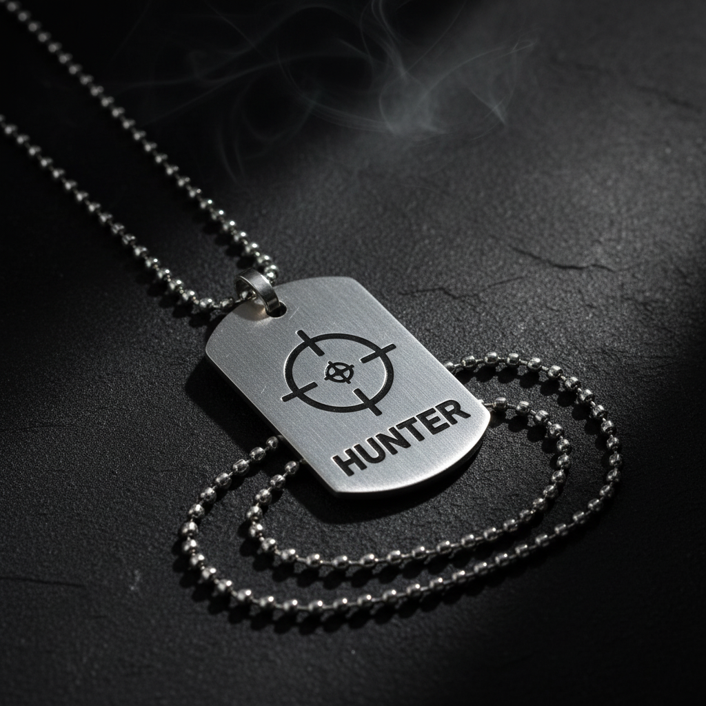 Hunter Crosshair Dog Tag Necklace stainless steel flat lay on dark matte surface with moody editorial lighting