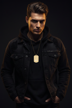 Male model wearing Hunter Crosshair Dog Tag Necklace in gold plated finish, dark editorial streetwear photography
