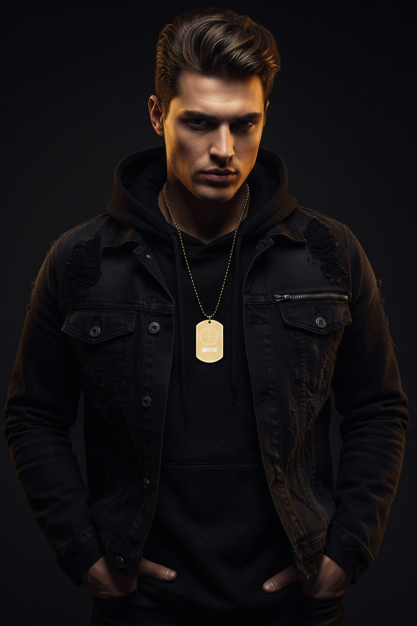 Male model wearing Hunter Crosshair Dog Tag Necklace in gold plated finish, dark editorial streetwear photography