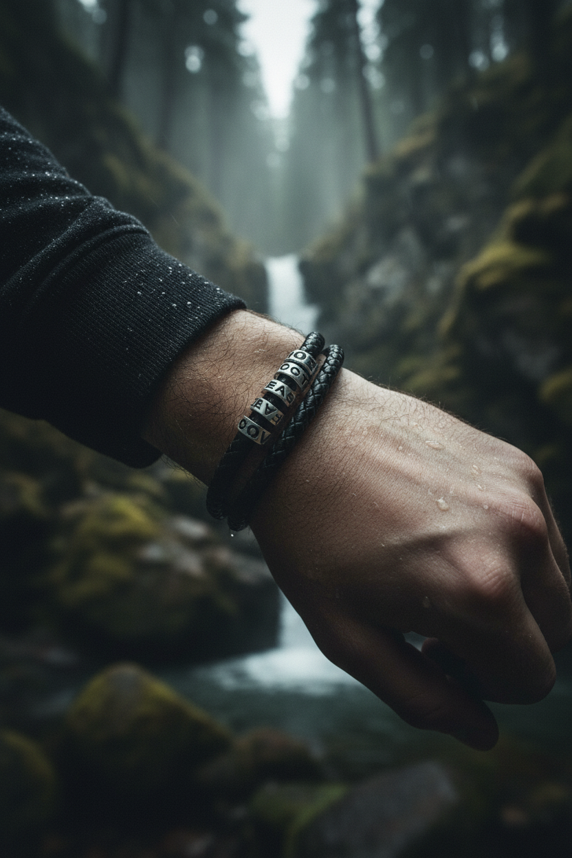 Male model forearm wearing Havoc Legacy double-wrap black leather bracelet in dark outdoor cinematic editorial photography