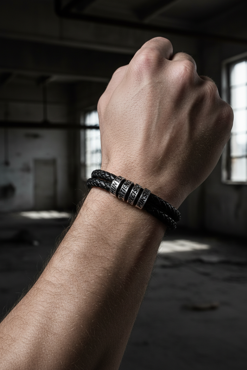 Male model wearing engraved black leather bead bracelet in dark editorial streetwear photography
