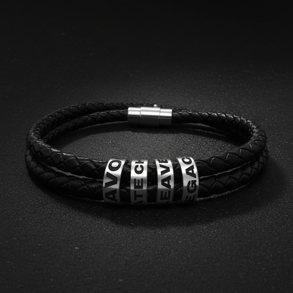 Double-wrap braided black leather bracelet with silver engraved beads reading HAVOC CREATE LEAVE LEGACY on dark matte background