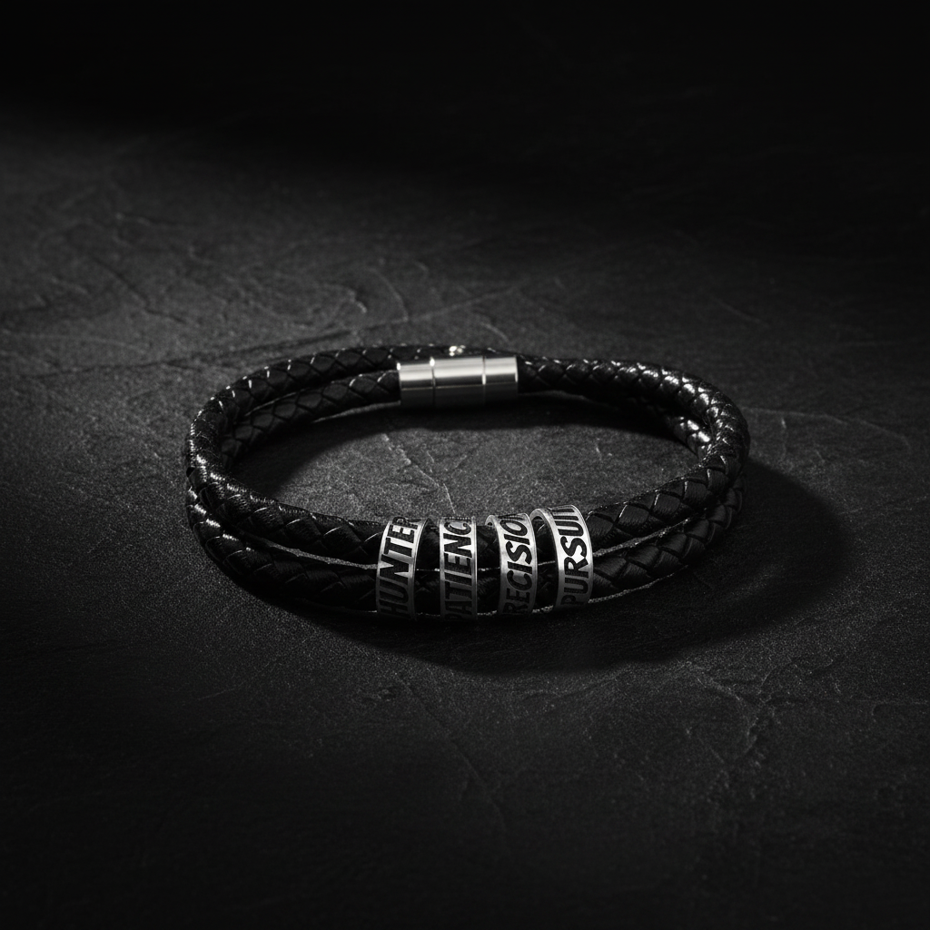 Double-wrap braided black leather bracelet with silver engraved beads reading HUNTER PATIENCE PRECISION PURSUIT on dark matte surface