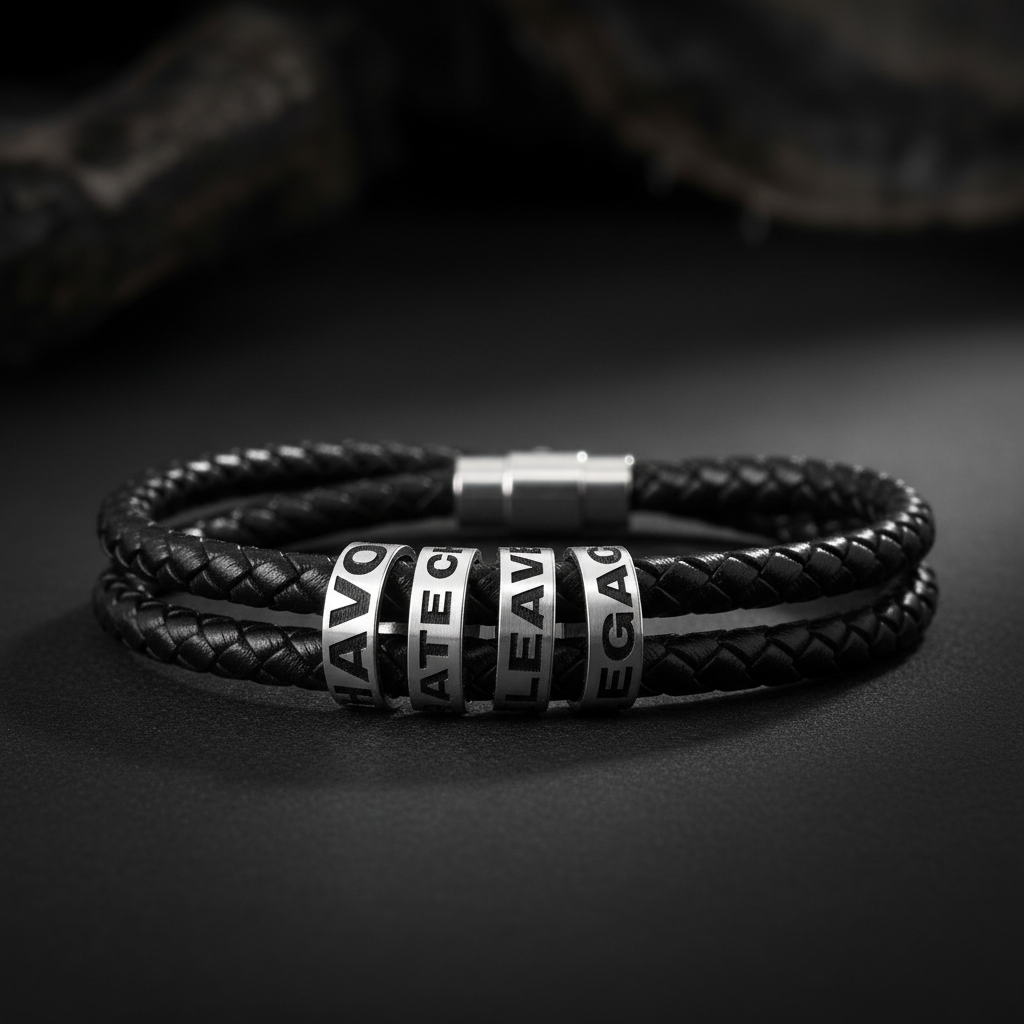 Close-up of silver stainless steel engraved beads reading HAVOC CREATE LEAVE LEGACY on double-wrap black leather bracelet