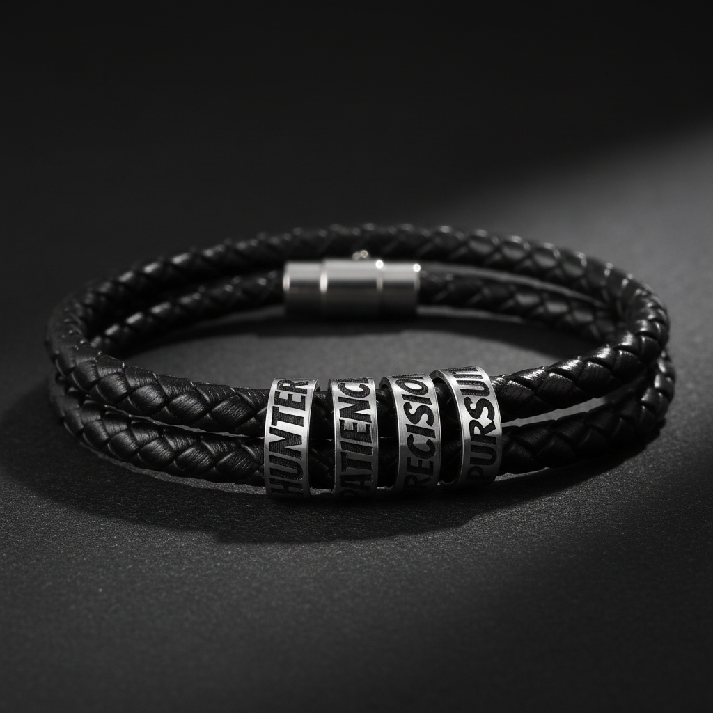 Close-up of silver stainless steel engraved beads on double-wrap black leather bracelet with dramatic moody lighting