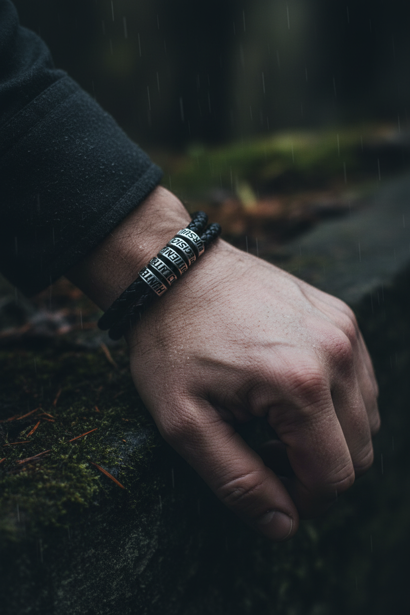 Male model wearing double-wrap black leather bracelet with silver engraved beads in dark outdoor editorial setting